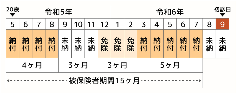 保険料納付要件の原則のイメージ図15ヶ月中9ヶ月が納付、3ヶ月が免除となっており納付要件を満たしている